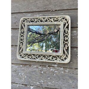 Vintage 1970s Syroco Homco White Faux Wicker Rattan Wall Mirror 14.5x12.5